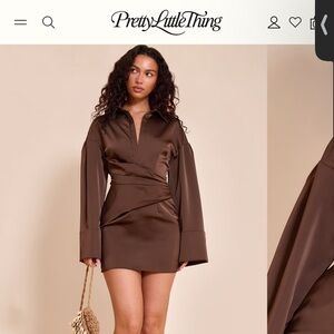 PrettyLittleThing Chocolate Satin Wrap Dress